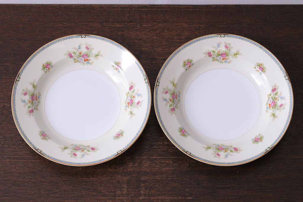 中古　ノリタケ(Noritake、則武)　柔らかな色味と花柄が愛らしいスープ皿(洋食器)2枚セット