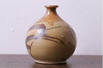 アンティーク雑貨　昭和期　笠間焼　中野晃嗣　草文一輪挿(花瓶、花器)