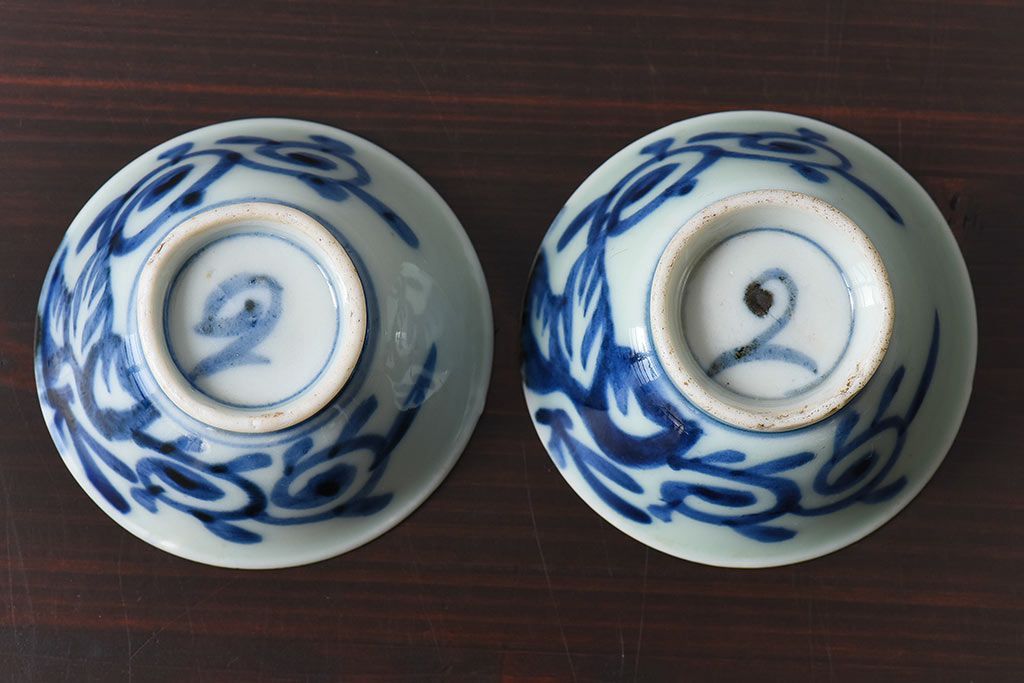 アンティーク雑貨　和製アンティーク　染付湯のみ(湯呑)2客セット(1)