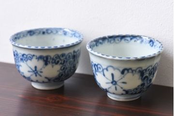 和製アンティーク　花柄　染付湯のみ(湯呑、蕎麦猪口)2客セット(2)