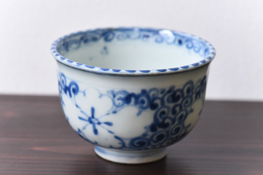 和製アンティーク　花柄　染付湯のみ(湯呑、蕎麦猪口)2客セット(2)