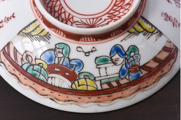 幕末〜明治期!　余白を美しく魅せる赤絵染付蓋茶碗2客セット(1)