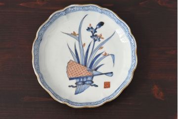 江戸期　古伊万里　水仙に扇面図　染付　七寸皿(中皿)2枚セット(1)