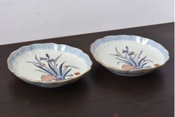 アンティーク雑貨　江戸期　古伊万里　水仙に扇面図　染付　七寸皿(中皿)2枚セット(2)