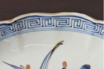アンティーク雑貨　江戸期　古伊万里　水仙に扇面図　染付　七寸皿(中皿)