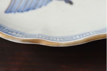 アンティーク雑貨　江戸期　古伊万里　水仙に扇面図　染付　七寸皿(中皿)