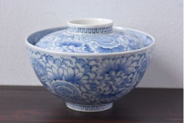 アンティーク雑貨　江戸時代後期　伊万里焼　線描染付　蓋茶碗2客セット(2)
