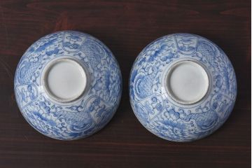 アンティーク雑貨　江戸時代後期　伊万里焼　線描染付　蓋茶碗2客セット(2)