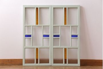 和製アンティーク　色ガラスの組み合わせが愛らしいペイントガラス戸(窓、ガラス引き戸、建具)2枚セット