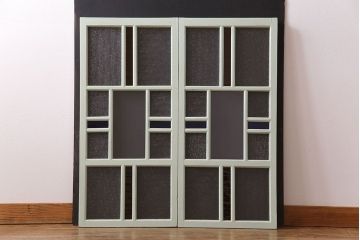 和製アンティーク　色ガラスの組み合わせが愛らしいペイントガラス戸(窓、ガラス引き戸、建具)2枚セット