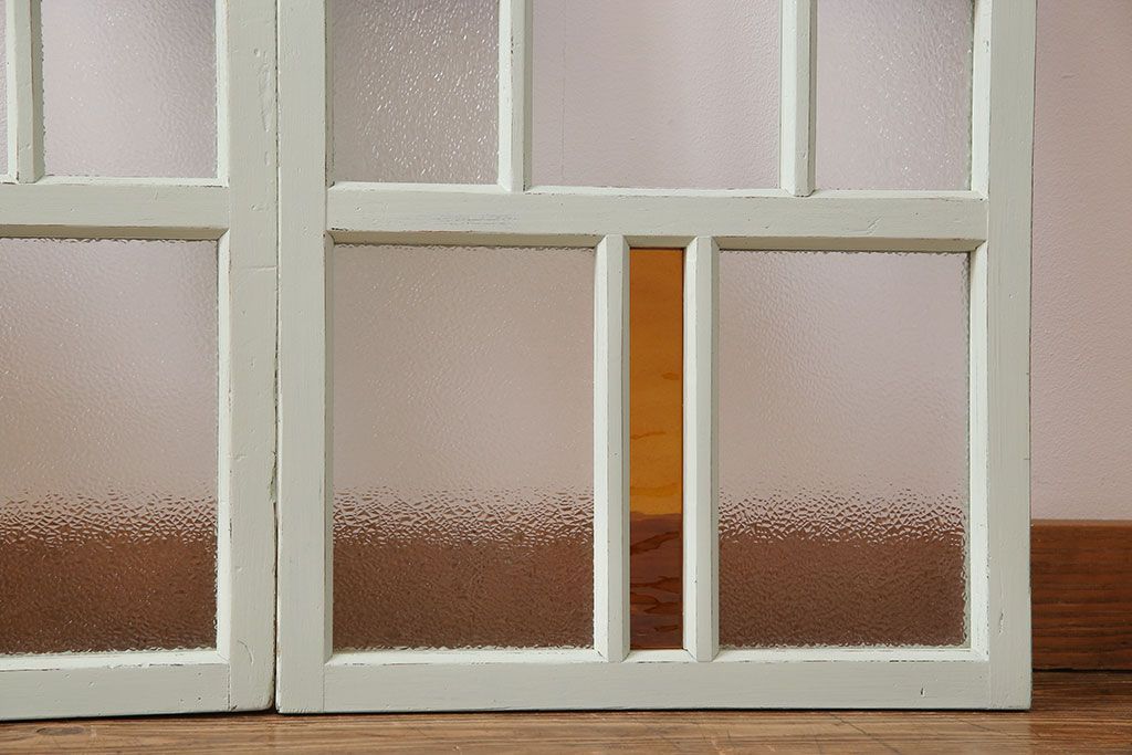 和製アンティーク　色ガラスの組み合わせが愛らしいペイントガラス戸(窓、ガラス引き戸、建具)2枚セット