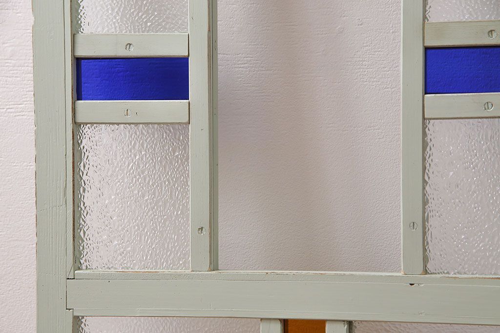 和製アンティーク　色ガラスの組み合わせが愛らしいペイントガラス戸(窓、ガラス引き戸、建具)2枚セット