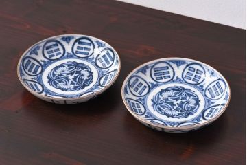 アンティーク雑貨　江戸期　角福　染付小皿2枚セット(和食器)