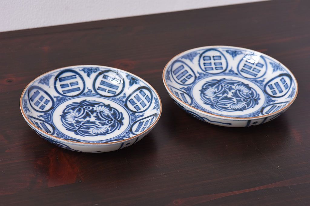 アンティーク雑貨　江戸期　角福　染付小皿2枚セット(和食器)