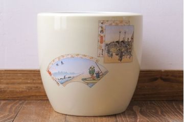和製アンティーク　オールドノリタケ　日陶(則武)　「東海道五十三次」和の雰囲気漂う火鉢(瀬戸火鉢、Noritake、noritake、NORITAKE、手あぶり、鉢カバー、傘立て、ディスプレイ)(R-028178)
