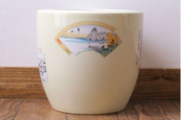 和製アンティーク　オールドノリタケ　日陶(則武)　「東海道五十三次」和の雰囲気漂う火鉢(瀬戸火鉢、Noritake、noritake、NORITAKE、手あぶり、鉢カバー、傘立て、ディスプレイ)(R-028178)