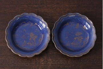 アンティーク雑貨　幕末明治期　瑠璃釉金彩五寸皿(中皿)2枚セット