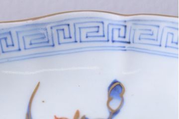 アンティーク雑貨　江戸期　古伊万里　水仙に扇面図　染付　七寸皿(中皿)2枚セット(3)