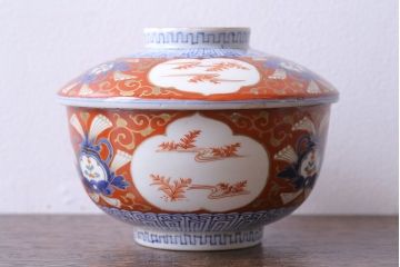 江戸期　大明成化年製　古伊万里　赤絵南蛮図染付　蓋茶碗(2)