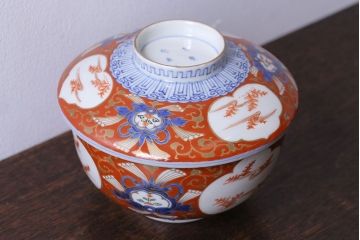 江戸期　大明成化年製　古伊万里　赤絵南蛮図染付　蓋茶碗(2)
