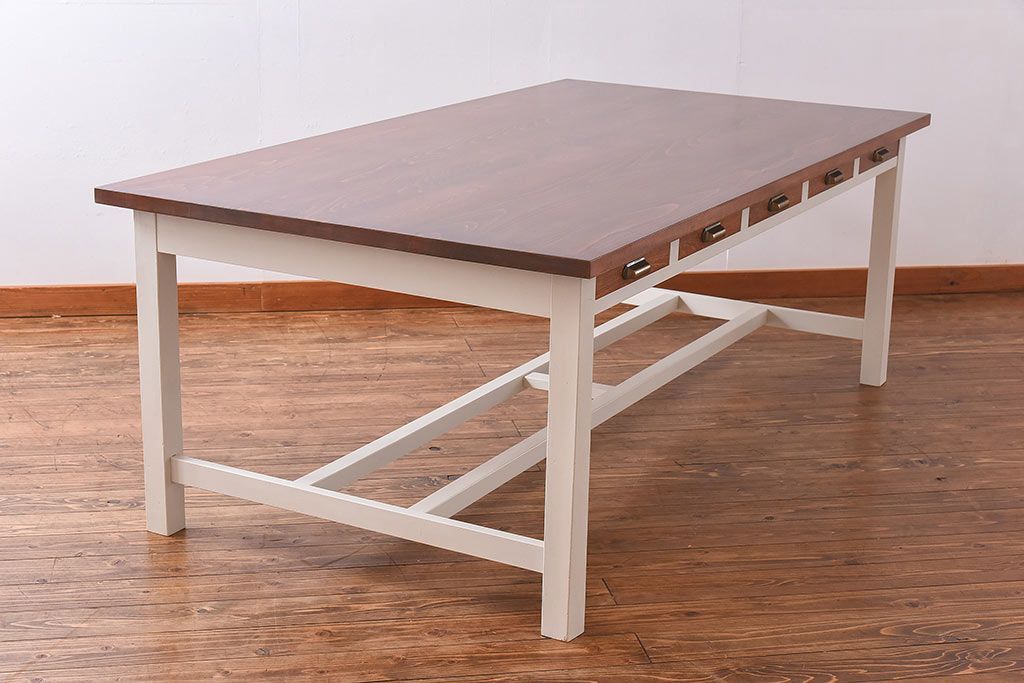ペイント家具　両面引き出し付き特大ダイニングテーブル(作業台、作業テーブル)