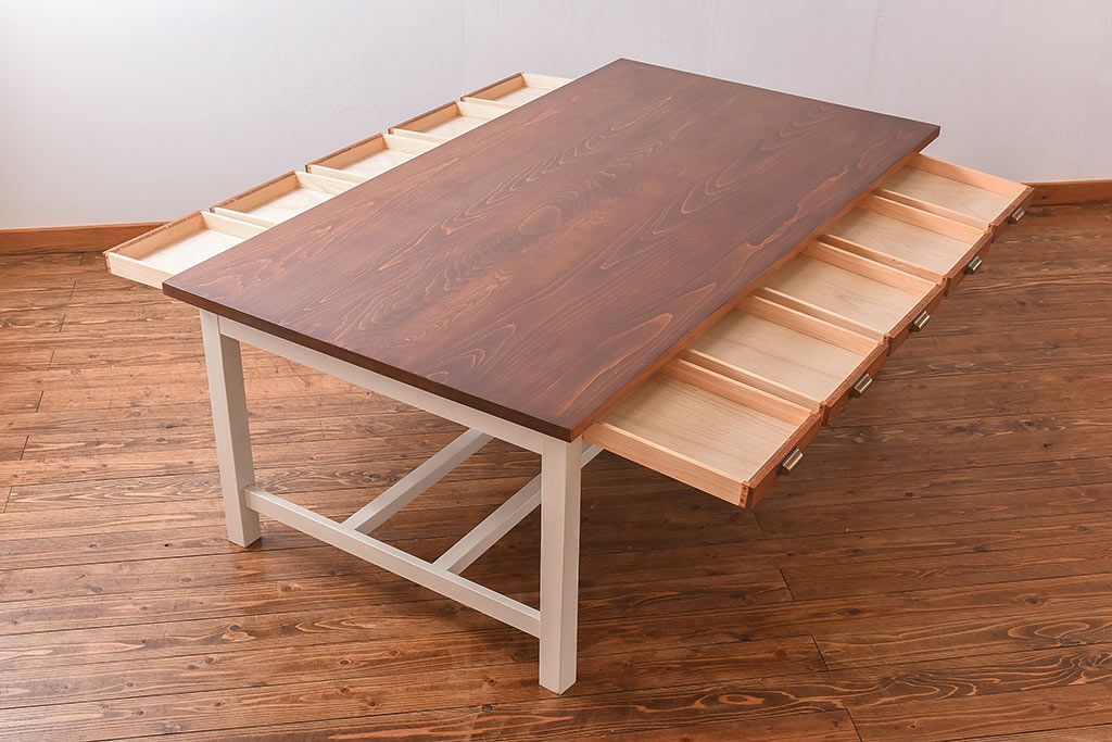 ペイント家具　両面引き出し付き特大ダイニングテーブル(作業台、作業テーブル)