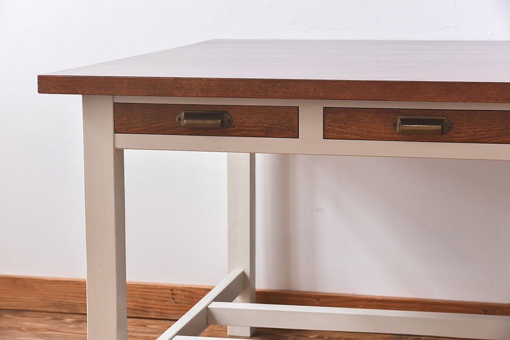 ペイント家具　両面引き出し付き特大ダイニングテーブル(作業台、作業テーブル)