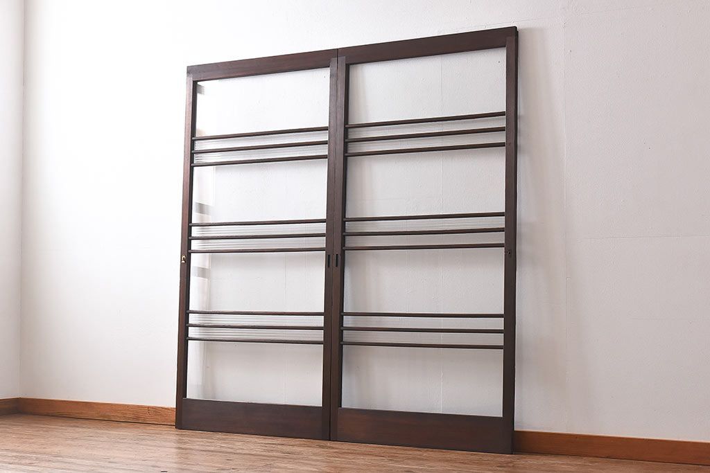 昭和レトロ　モールガラス入り!　横桟が印象的なガラス戸(建具・引き戸・ガラス引き戸)2枚セット