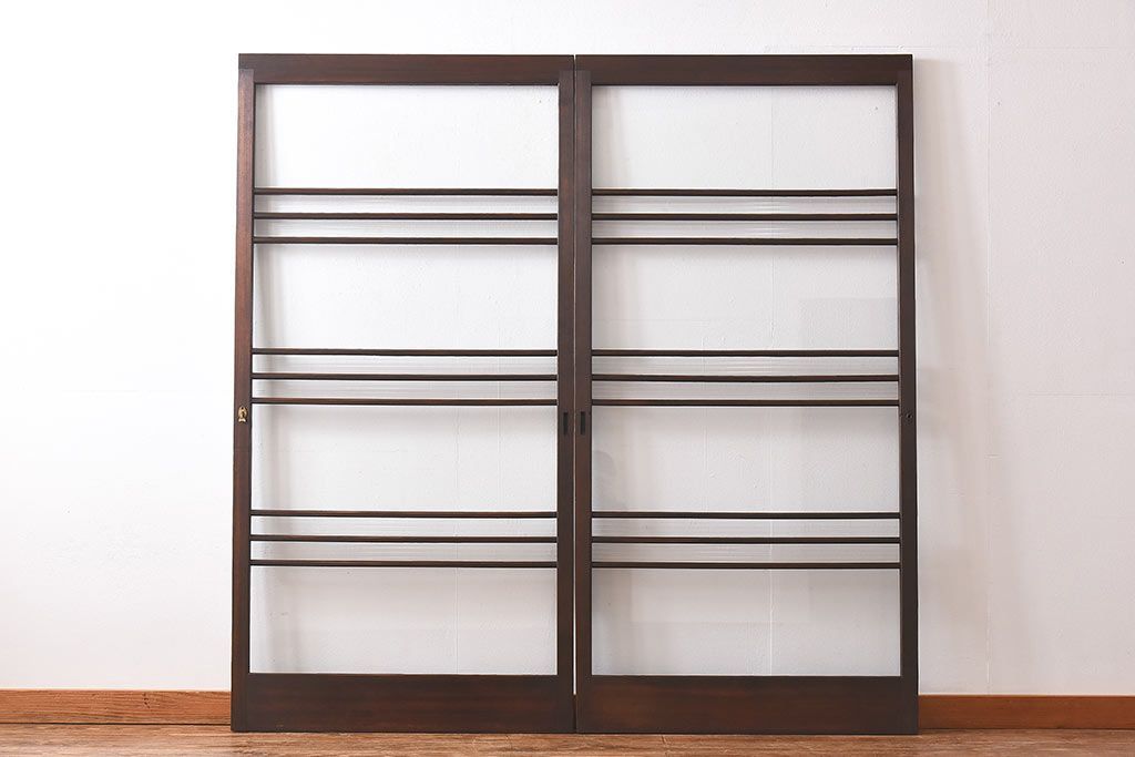 昭和レトロ　モールガラス入り!　横桟が印象的なガラス戸(建具・引き戸・ガラス引き戸)2枚セット