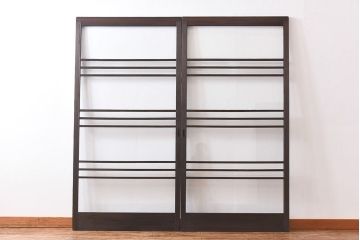 昭和レトロ　モールガラス入り!　横桟が印象的なガラス戸(建具・引き戸・ガラス引き戸)2枚セット