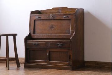アンティーク家具　大正ロマン　象嵌入り　ナラ材のライティングビューロー(ワークデスク、在宅ワーク、在宅用、学習机)