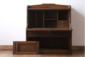 アンティーク家具　大正ロマン　象嵌入り　ナラ材のライティングビューロー(ワークデスク、在宅ワーク、在宅用、学習机)
