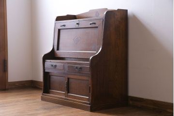 アンティーク家具　大正ロマン　象嵌入り　ナラ材のライティングビューロー(ワークデスク、在宅ワーク、在宅用、学習机)
