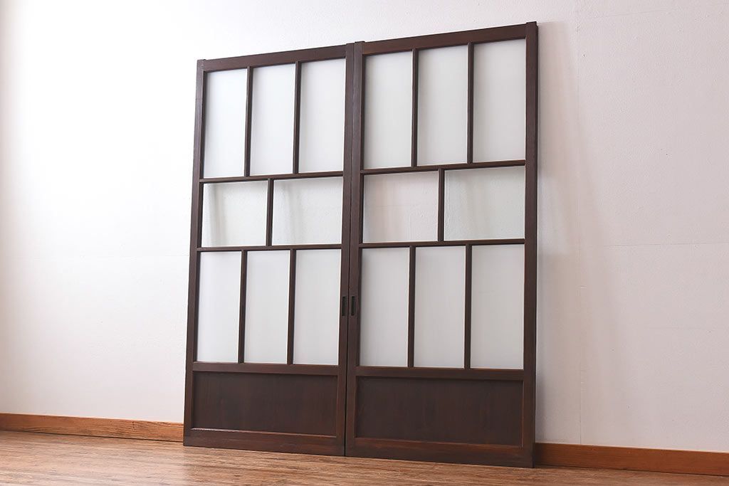 和製アンティーク　昭和レトロなガラス戸(建具、引き戸、格子戸)2枚セット