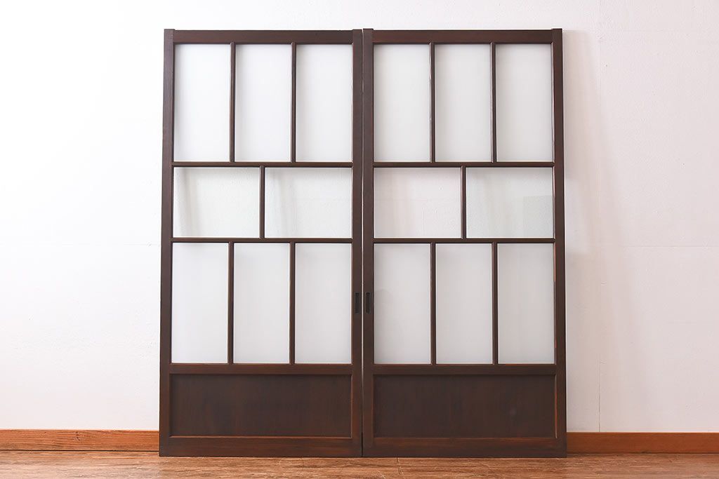 和製アンティーク　昭和レトロなガラス戸(建具、引き戸、格子戸)2枚セット