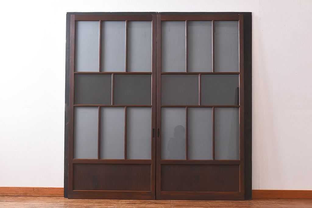 和製アンティーク　昭和レトロなガラス戸(建具、引き戸、格子戸)2枚セット