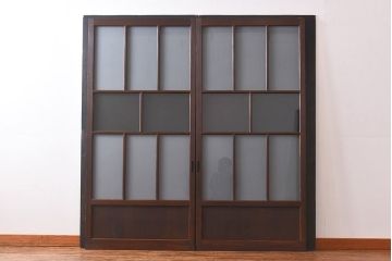 和製アンティーク　昭和レトロなガラス戸(建具、引き戸、格子戸)2枚セット