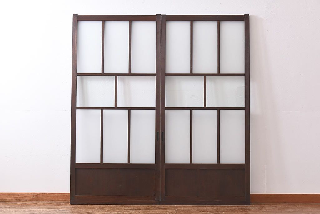 和製アンティーク　昭和レトロなガラス戸(建具、引き戸、格子戸)2枚セット
