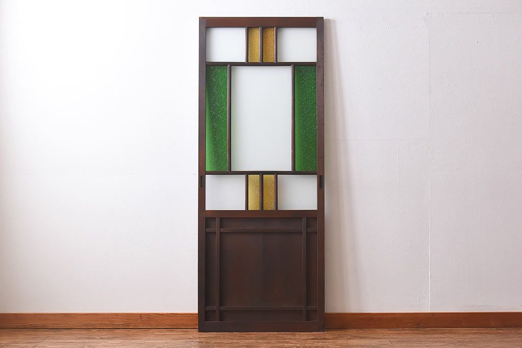 大正ロマン　当時物色ガラスとモダンなデザインの格子が魅力的なガラス戸(ガラス引き戸、引き戸、建具)