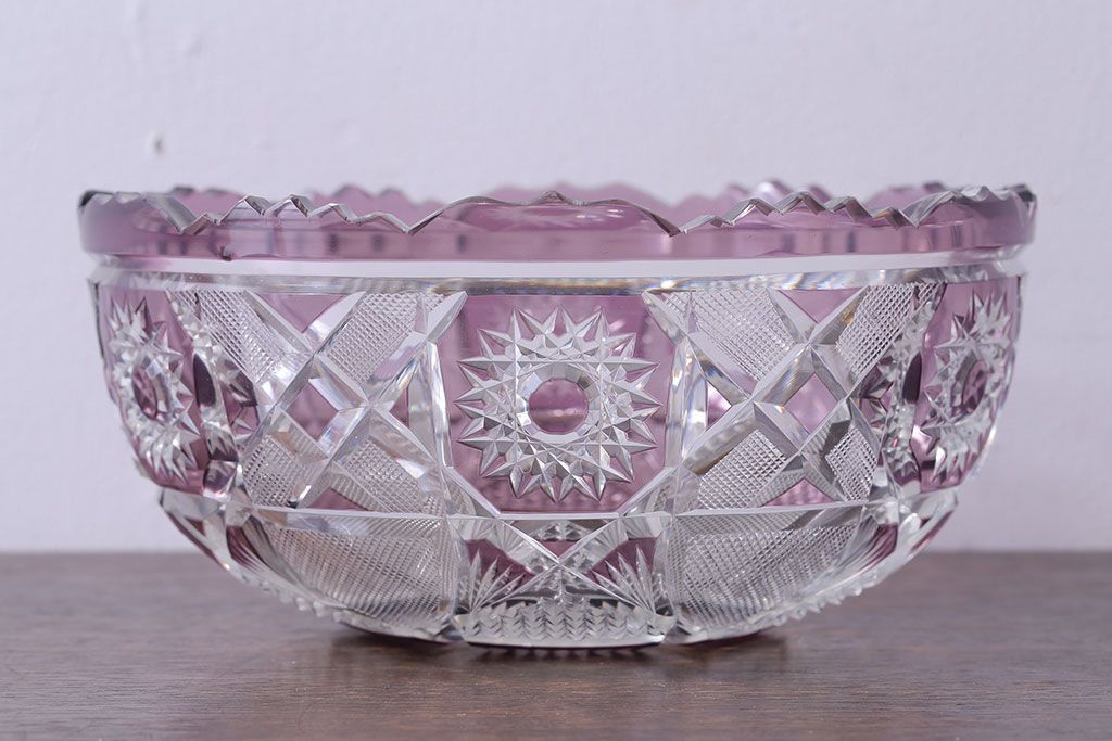 アンティーク雑貨　明治大正期　薄紫色　切子ガラスのボウル(和食器)