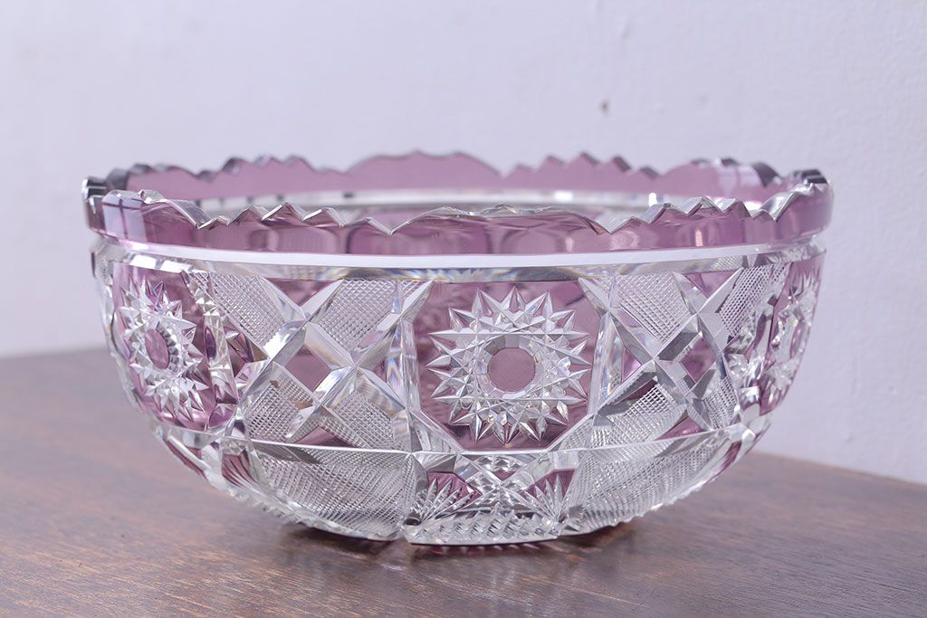 アンティーク雑貨　明治大正期　薄紫色　切子ガラスのボウル(和食器)