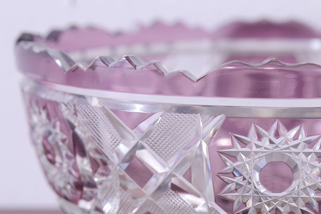 アンティーク雑貨　明治大正期　薄紫色　切子ガラスのボウル(和食器)