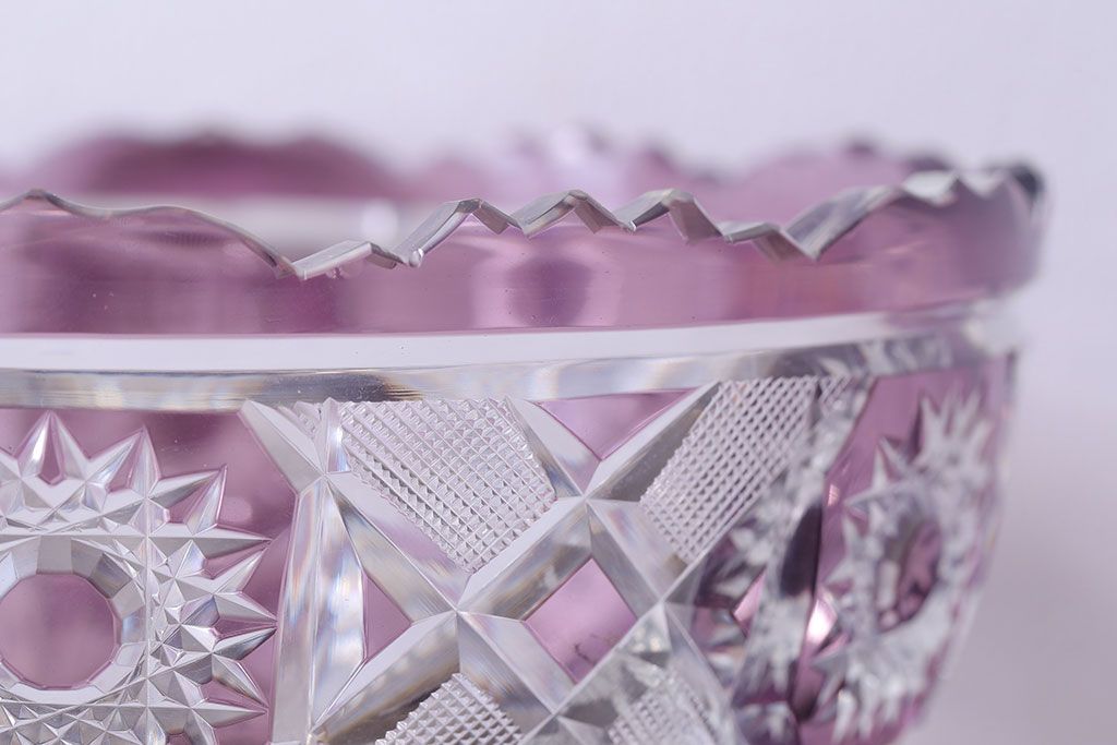 アンティーク雑貨　明治大正期　薄紫色　切子ガラスのボウル(和食器)