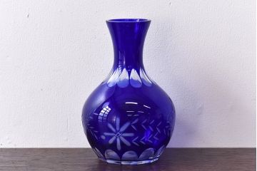 アンティーク雑貨　昭和期　青切子　上品なガラスの水差し&コップセット