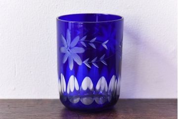 アンティーク雑貨　昭和期　青切子　上品なガラスの水差し&コップセット