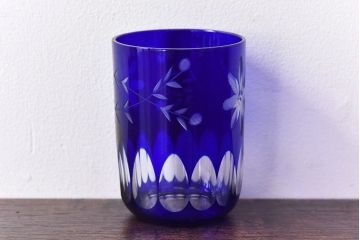 アンティーク雑貨　昭和期　青切子　上品なガラスの水差し&コップセット