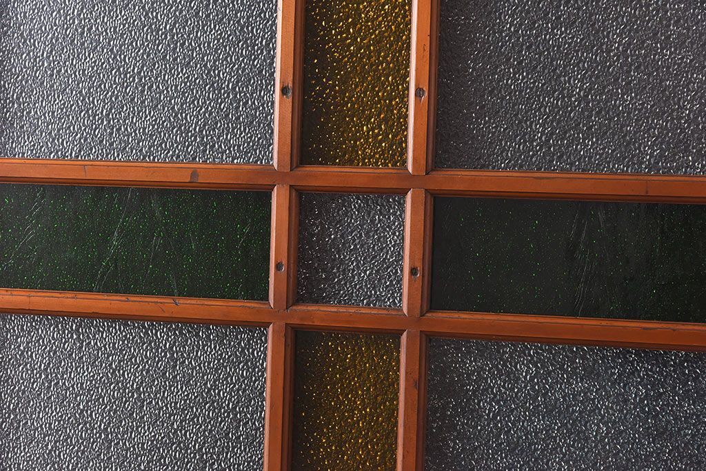 大正ロマン　当時物色ガラス　モダンな十字のデザインが魅力のガラス戸(ガラス引き戸、引き戸、建具)