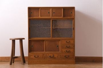 中古美品　結霜ガラスが上品な趣きの茶箪笥(茶棚、食器棚、収納棚)