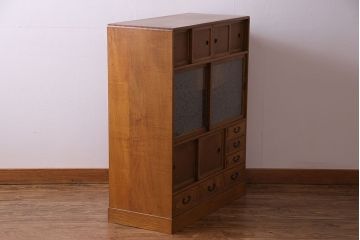 中古美品　結霜ガラスが上品な趣きの茶箪笥(茶棚、食器棚、収納棚)