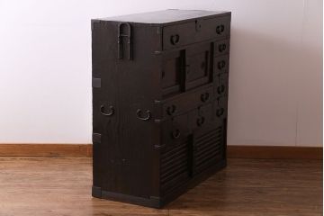 アンティーク家具　和製アンティーク　超希少!前面ケヤキ玉杢無垢材　関西帳場箪笥(時代箪笥、帳戸棚)